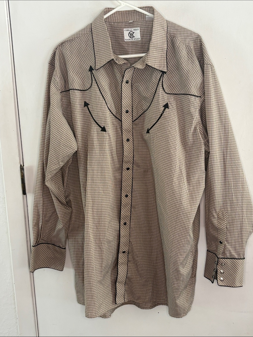 Corral West cream black plaid long sleeve button down western shirt Size XXL
